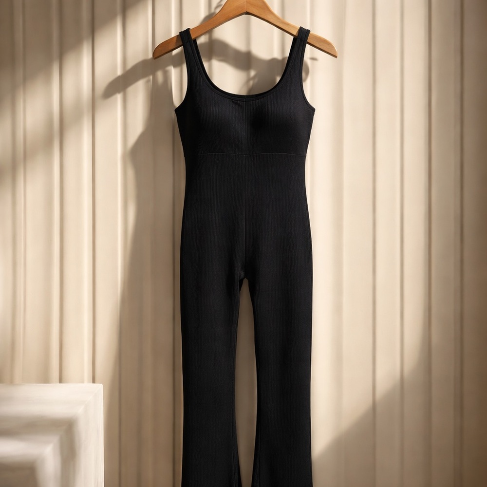 OQQ Ribbed Black Boot Cut Jumpsuit